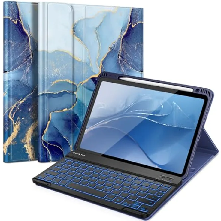 Fintie iPad Air 11" 2024/ iPad Air 5 2022/ iPad Air 4 10.9" Hülle mit abnehmbarer Tastatur - OzeanMarmor, Hintergrundbeleuchtung, Stifthalter