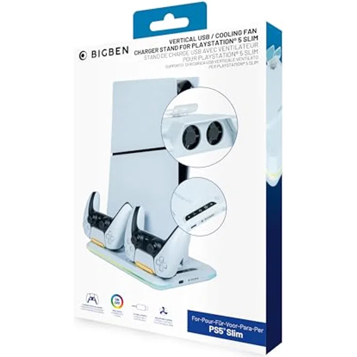 NACON Ladestation für Playstation 5 Classic und Slim, Dual-Ladegerät mit RGB-Lichteffekten, kompatibel mit digitalen Konsolen und Festplatten.