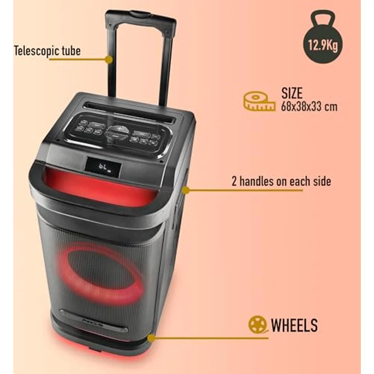 NGS Wild Space 1, tragbarer Bluetooth Lautsprecher mit 180 Watt RMS, spritzwasserfest, schwarz – Bild 4