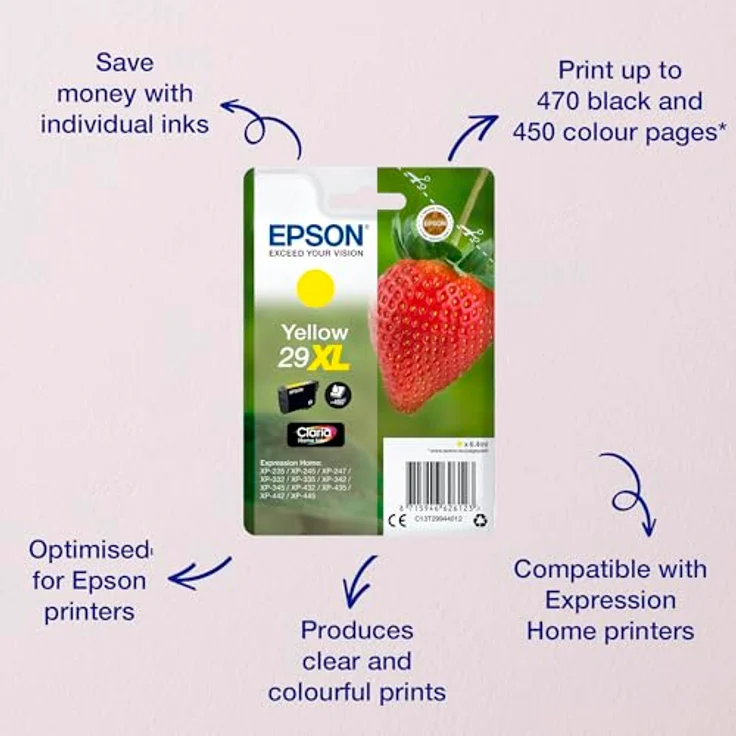 Epson Original 29XL Tinte Erdbeere, XP-235 XP-332 XP-335 XP-432 XP-435 XP-245 XP-342 XP-345 XP-442 XP-445 XP-247 XP-257 XP-255 XP-352 XP-355 XP-452 XP-455, (gelb) – Bild 2