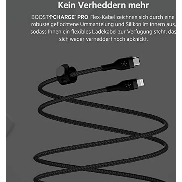 Belkin BOOST CHARGE PRO Flex USB-C zu Lightning Kabel, 15W, 2m, MFi-zertifiziert, schwarz, extrem langlebig und knickfest mit magnetischem Kabelmanagement – Bild 4