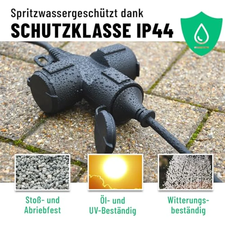 greate. 3fach Verlängerungskabel 10m - wasserdicht, Mehrfachsteckdose, 3500 W Verlängerungskabel (1000 cm) – Bild 3