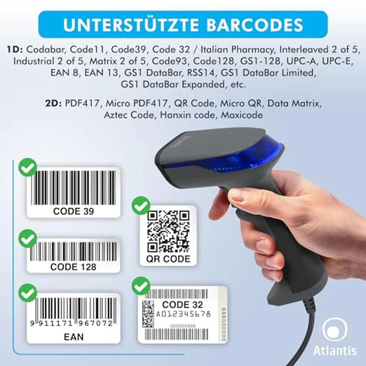 Atlantis A08-LD230P-2D Barcode-Scanner, 1D/2D, USB, 640x480, 60 fps, IP54, liest von Smartphone-Displays, inkl. Kurzanleitung – Bild 3