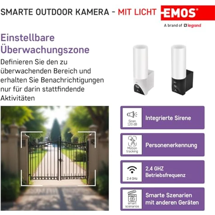 EMOS GoSmart - Smart Home Outdoor Überwachungskamera mit Licht - 3MP Rotierende WLAN IP Kamera - Nachtsicht und Sirene - Google Assistant und Alexa kompatibel - wasserdicht - weiß – Bild 3