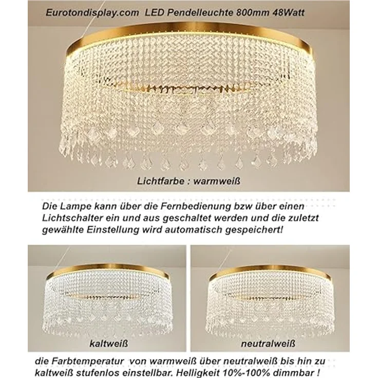 Eurotondisplay LED Pendelleuchte Deckenleuchte 2022 dimmbar mit Fernbedienung, kaltweiß-neutalweiß -warmweiß, 7000k-3000k, A+ LED, Kristall klar - Preisvergleich – Bild 5