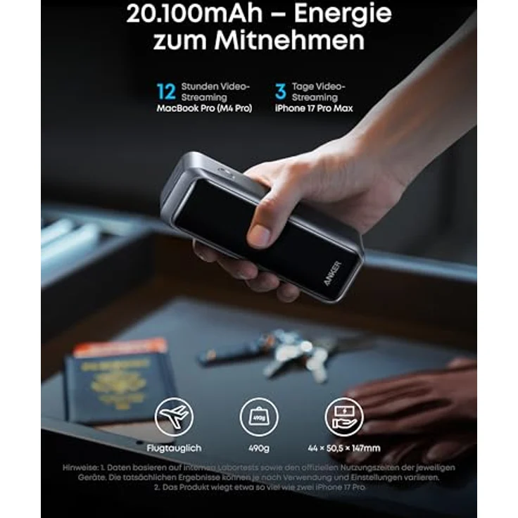 Anker Prime Dual USB-C + USB-A Schnellladegerät Powerbank 20.000mAh, Silber – Bild 4