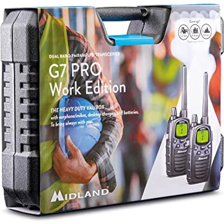 Midland G7 Pro PMR446 und LPD-Funkgeräte 2er Kofferset, C1090.18, mit VIBRACALL- und Freisprechfunktion, inkl. Duostandlader und MA 24 L Headsets, schwarz, G7 Pro 2er Kofferset: 16 Kanäle