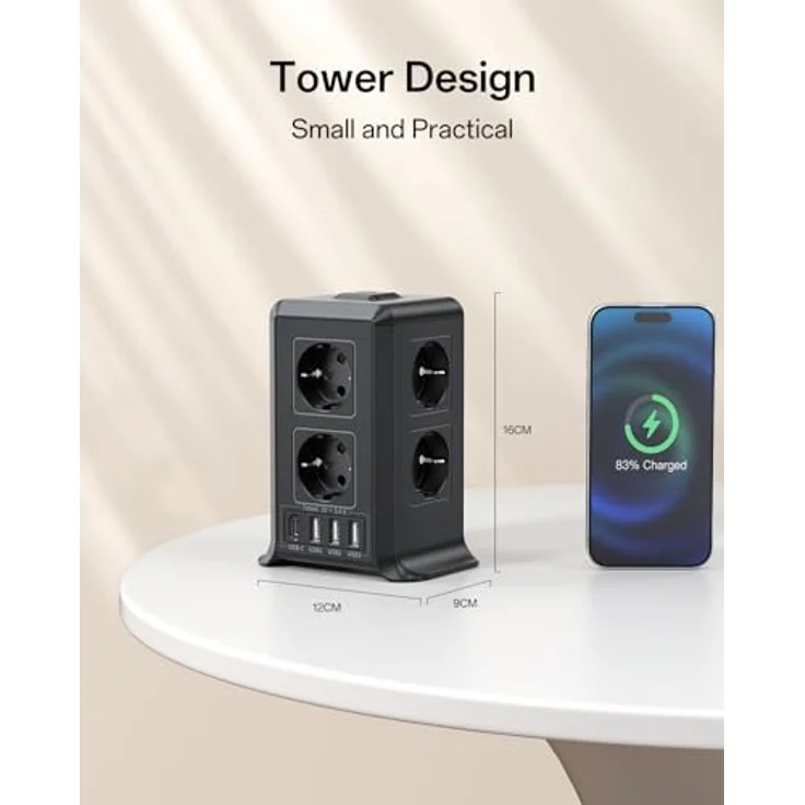 KEMELO Mehrfachsteckdose 12 IN 1, 8 Fach Steckdosenleiste mit 4 USB-A und 1 USB-C, 2M Verlängerungskabel, kompaktes Turmdesign mit Überspannungsschutz, für Zuhause und Büro – Bild 5