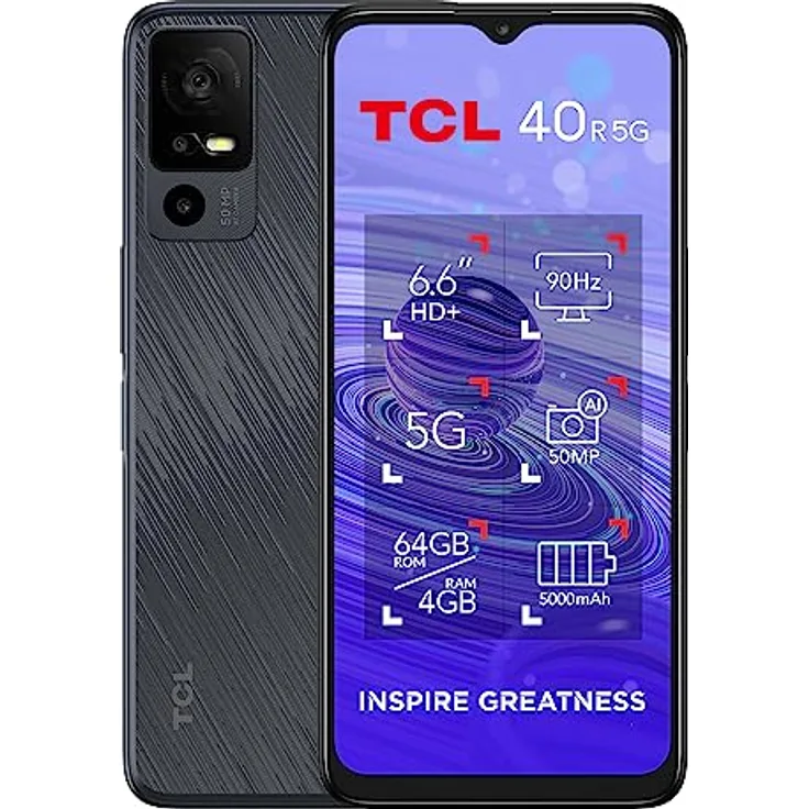 TCL 40 R 5G Smartphone, 64 GB plus 4 GB RAM, 6,6 Zoll Display, 5000 mAh - Dunkelgrau
