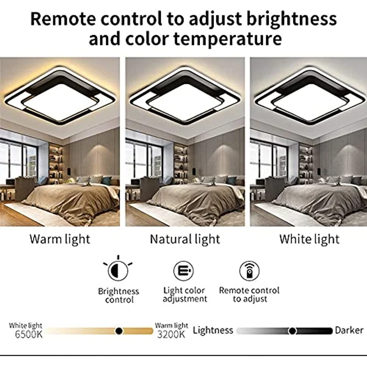 Style home Deckenleuchte LED Deckenlampe 90W, dimmbar mit Fernbedienung, 42 * 42 * 6cm, Schwarz – Bild 5