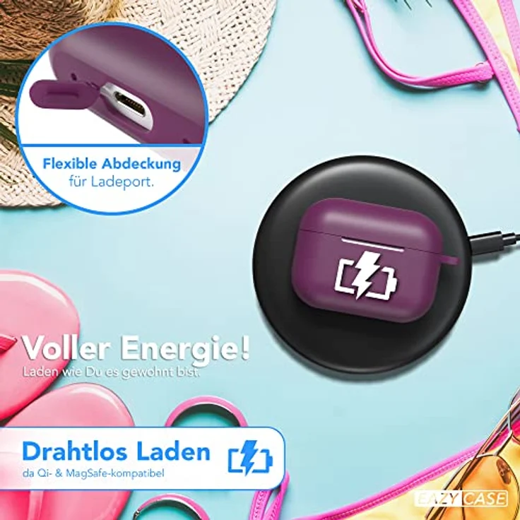 EAZY CASE Schutzhülle für AirPods Pro 2 Violett Silikon Case Stoßfest mit Karabiner als Schlüsselanhänger Antikratz Etui rutschfeste Silikonhülle für Airpod Pro 2. Generation in Lila – Bild 3