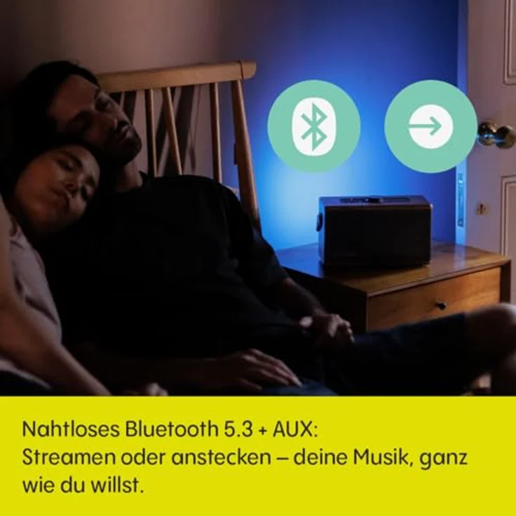 Pure Classic Aura Bluetooth-Lautsprecher 40W, 30h Akku, Lichtmodi, USB-C, AUX, IPX2, Retro-Design in Kaffeebraun mit Walnuss – Bild 5