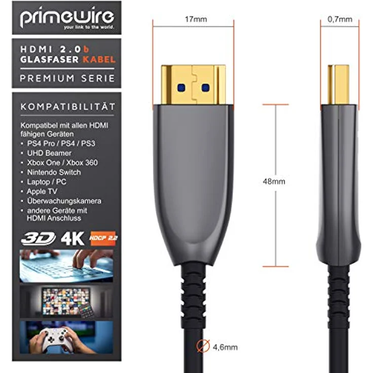 CSL - HDMI Kabel 2.0 b Glasfaser 15m - 4k 60Hz mit HDR - optisches HDMI Kabel LWL - 3D - ARC - CEC – HDCP 2.2 - YUV 4 x 4 x 4 - HDMI Kabel High Speed - Glasfaserkabel – Aluminiumstecker – Knickschutz - Schwarz – Bild 2
