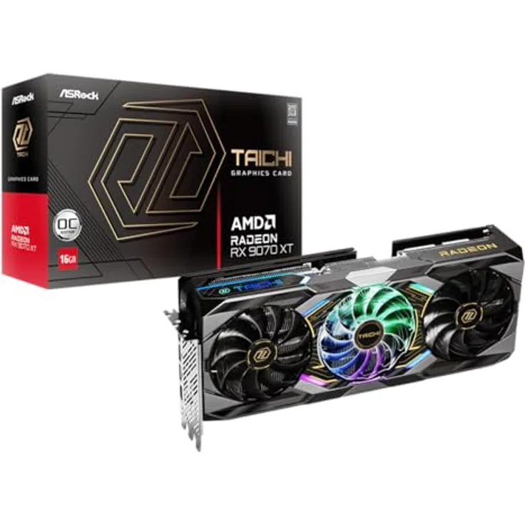 ASRock Radeon RX 9070 XT Taichi OC, AMD, RX9070XT,16GB,GDDR6,256BIT,2HDMI+2DP (3 Lüfter) - ASRock Grafikkarte mit 16GB GDDR6 Speicher und 3 Lüfter in Schwarz