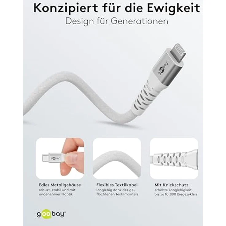 goobay USB-C auf Lightning 60W, 0,5m flexibles Textilkabel mit 480 Mbit/s, strapazierfähig, Weiß – Bild 4