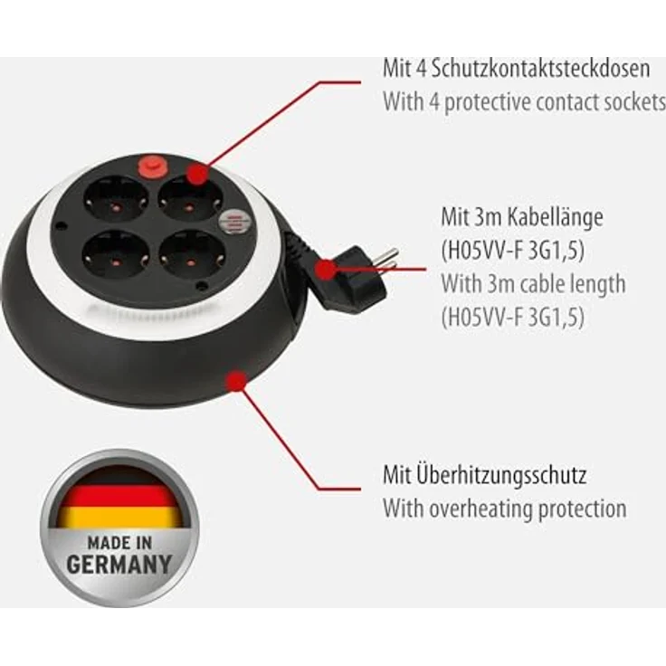 Brennenstuhl Comfort Line Kabelbox CL-S 4-fach - Mini-Kabeltrommel (Indoor-Kabeltrommel für Haushalt, 3m Kabel, Made in Germany) schwarz-weiß – Bild 2