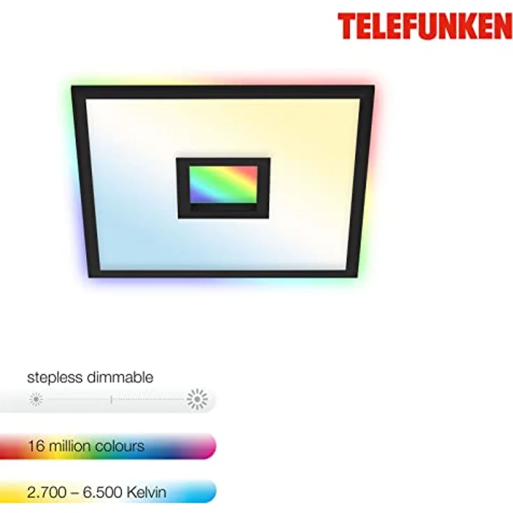 TELEFUNKEN - LED Panel, LED Deckenleuchte, Deckenlampe dimmbar, inkl. Fernbedienung, RGB-Innenbereich und -Backlight, 24 Watt, 2200lm, Timerfunktion, 445x445x63mm (LxBxH) 319405TF Schwarz – Bild 4