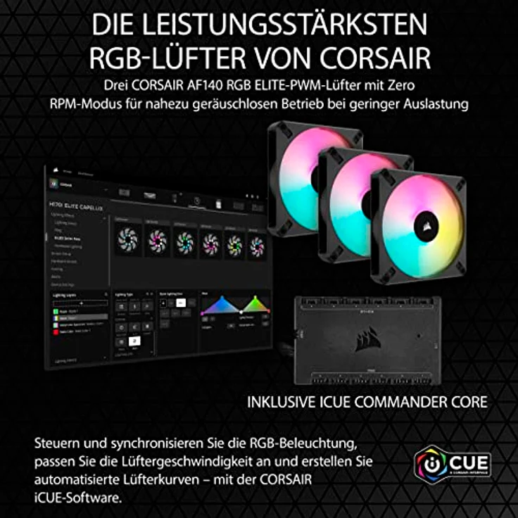 Corsair iCUE H170i Elite CAPELLIX XT Flüssig-CPU-Kühler - DREI AF140 RGB Elite-Lüfter - 420-mm-Radiator - Intel LGA 1700, 1200, 115X, 2066, AMD AM5, AM4 - Inklusive iCUE Commander CORE - Schwarz – Bild 3