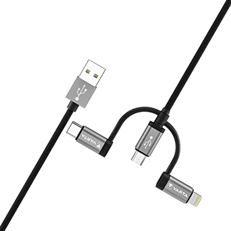 VARTA 3in1 Kabel USB A auf Micro USB, USB Type C, Lightning, Speed Charge & Sync, MFi, Ladekabel für Strom- und Datenübertragung, 2m, schwarz, Nylon – Bild 4