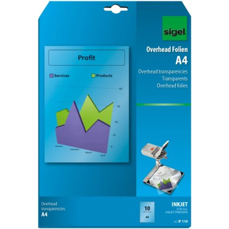 Sigel Inkjet Overhead-Folien, 100 g/m², DIN A4, 10 Blatt, transparent, sofort trocknend – Bild 1