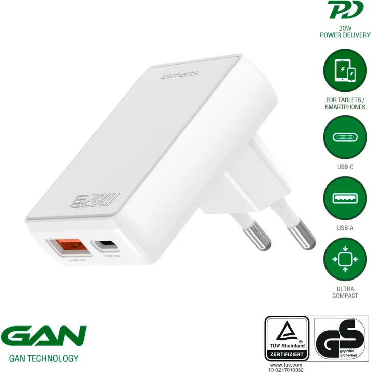 4smarts 546020, Flaches Schnellladegerät mit 30W Leistung, 2x USB-A/C, 12V, weiß