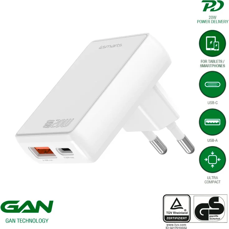 4smarts 546020, Flaches Schnellladegerät mit 30W Leistung, 2x USB-A/C, 12V, weiß