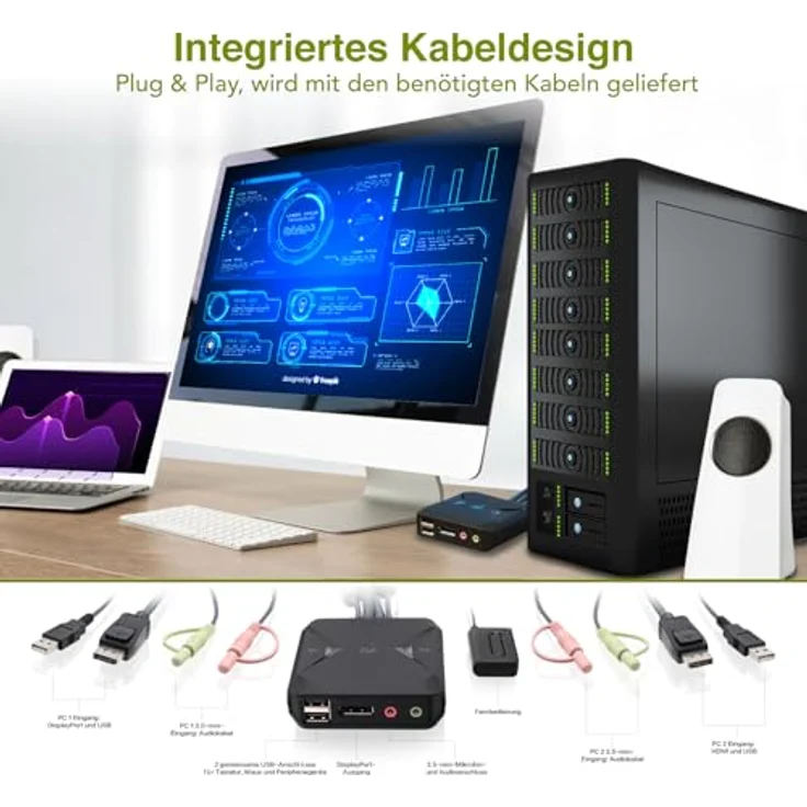 IOGEAR USB KVM Switch DisplayPort 4K@30Hz mit Kabel und Fernbedienung, 2 PCs an 1 Monitor, 7.1 HD-Audio, Windows/Mac/Linux-kompatibel – Bild 3