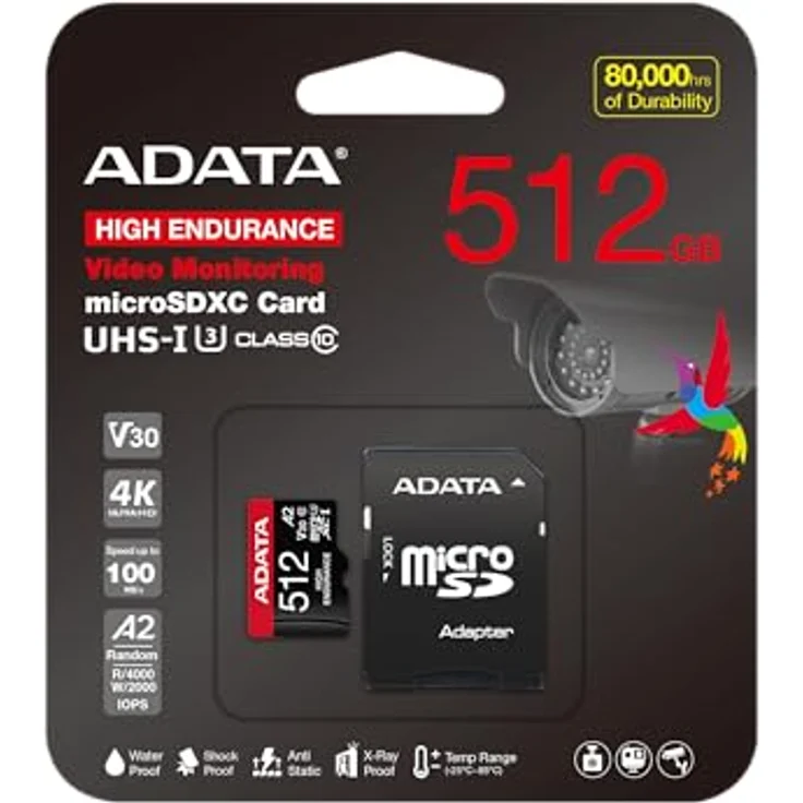 Adata High Endurance 512 GB microSDXC Speicherkarte, UHS-I U3, Class 10, V30, A2, schockresistent, wasserdicht, röntgensicher, Schwarz-Rot – Bild 2