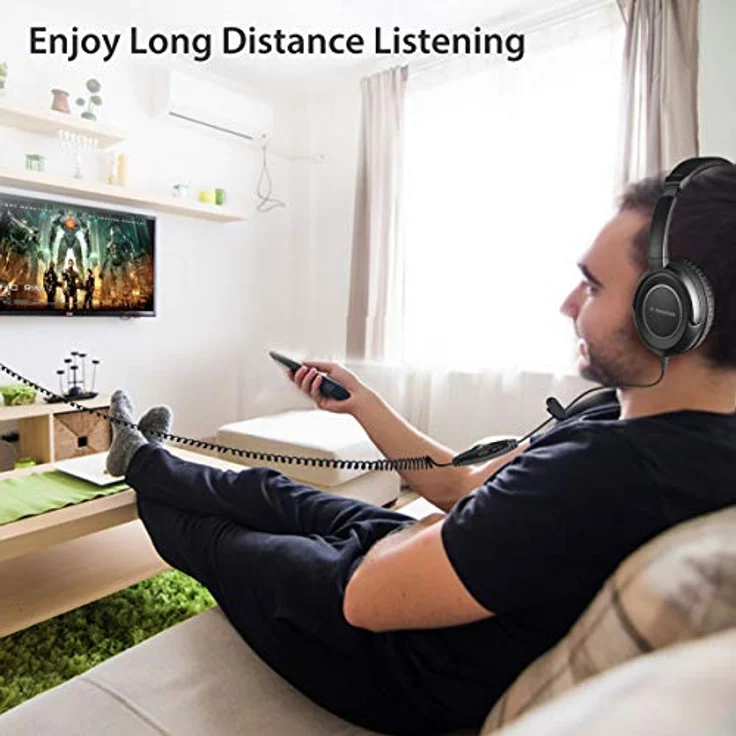 Avantree HF039 Over Ear TV Kopfhörer mit Langes Kabel (16.4 Fuß / 5M), HiFi Stereo Headset für Fernseher, mit Ohrmuscheln, 3.5mm Audio Output, mit Spiralenkabel und eingebauter Lautstärkeregelung – Bild 3
