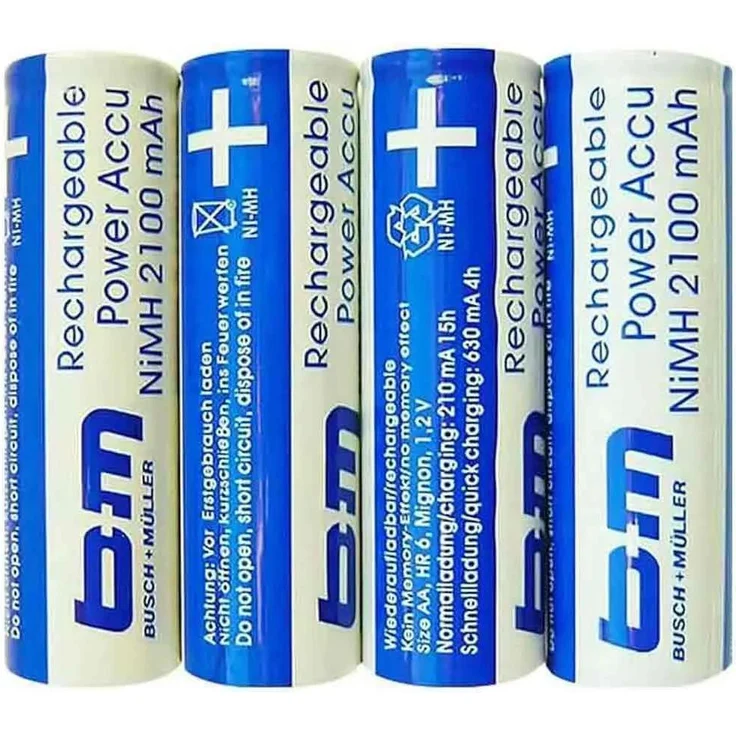 Busch & Müller 2100mAh NiMH Akku, wiederaufladbare Batterie für Ixon und Ixon IQ, Silber, 4 Stück Mignon (AA)