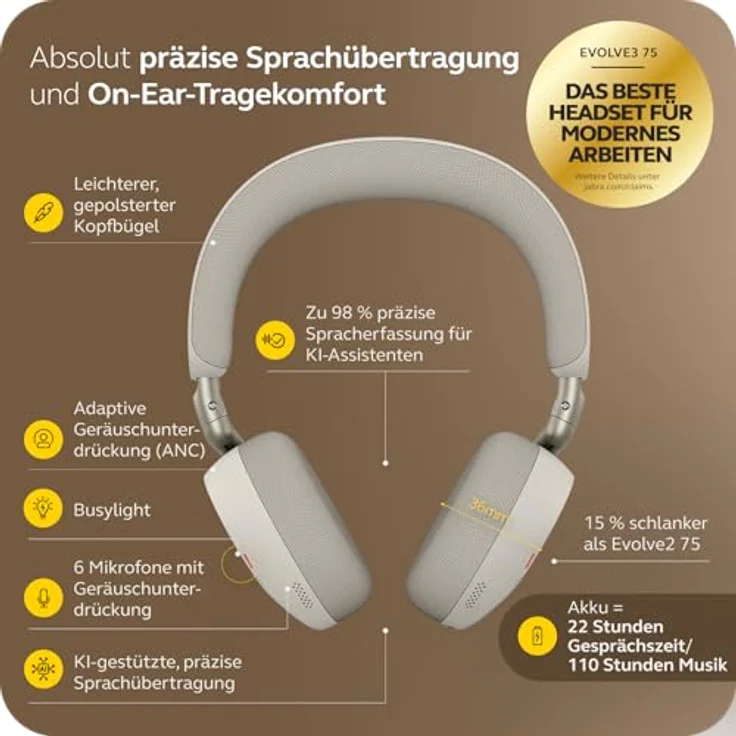 Jabra Evolve3 75, MS, Link390c, Kopfhörer mit AI-Bereichsanpassung und Advanced ANC, Warm Grey – Bild 2