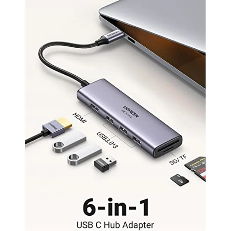 UGREEN USB C Hub 4K@60Hz USB C Adapter mit HDMI, SD/TF Kartenleser, 3 USB 3.0 - Kompatibel mit MacBook Pro/Air, iPad Pro, Surface Pro 7, iMac, Mac Mini M1, Galaxy Tab S8/S7 - Aluminiumgehäuse, 20cm langes nylongeflochtenes Kabel, robust und kompakt – Bild 2