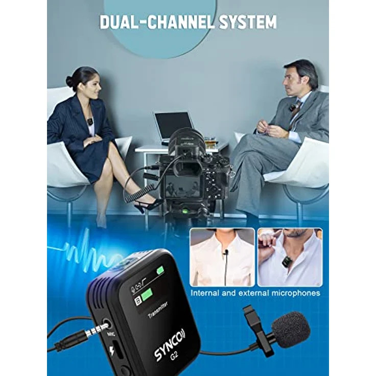 SYNCO Lavalier Wireless-Mikrofon, G2 A2, Doppel-Clip, kabellos, 2,4 GHz, Übertragung 100 m für Kamera Reflex Camcorder Smartphone, Radio-Mikrofon, Lavalier-Wireless-Professionell – Bild 2