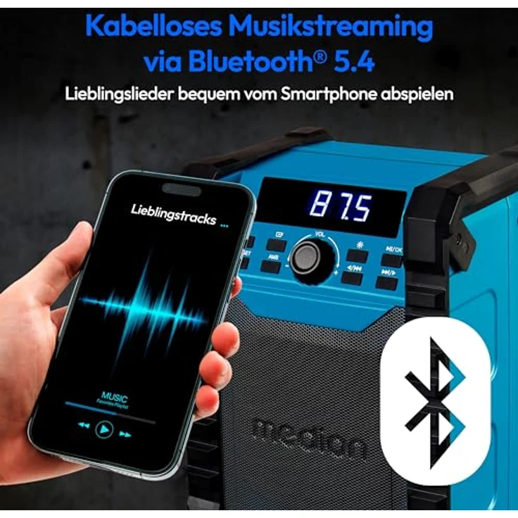 MEDION E65895 Baustellenradio mit Akku (Robustes Gehäuse, Tragegriff, Bluetooth, Spritzwassergeschützt (IP54), UKW Radio, AUX) grün – Bild 4