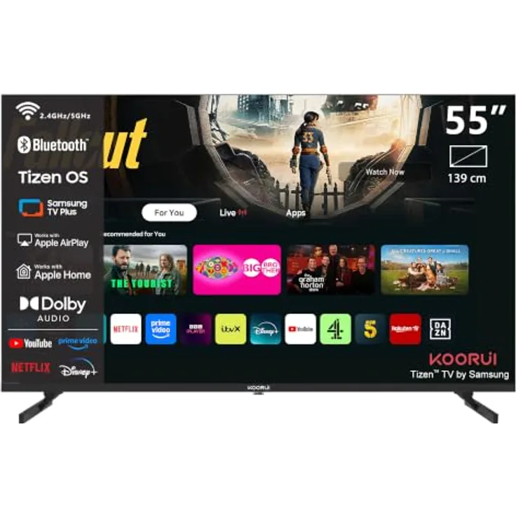 Koorui K55Q1UQ-T8, 55 Zoll QLED 4K Ultra HD Smart TV mit Tizen, Sprachsteuerung, HDMI x3, USB x2, Triple Tuner, randloses Design