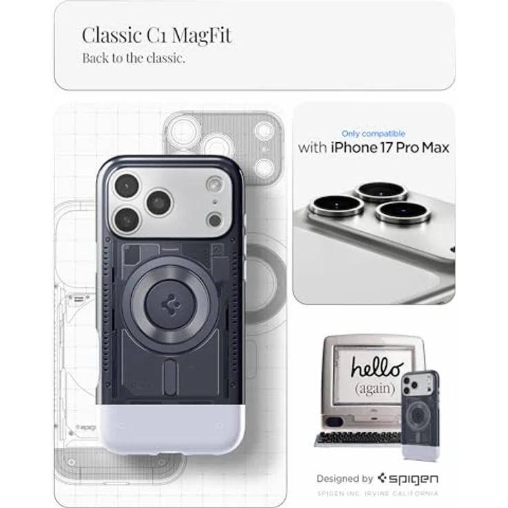 Spigen iPhone 17 Pro Max Hülle Classic C1, Retro-Futuristisches Design mit 6-Lagen Schutz und MagFit Kompatibilität - Graphite – Bild 2