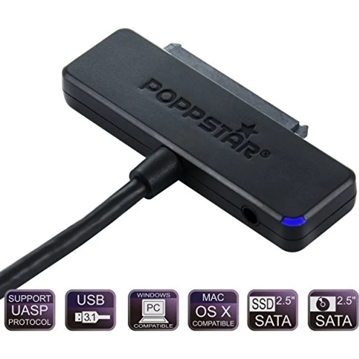 Poppstar Festplatten-Adapter (USB 3.1 Gen 2 Typ C) Sata USB Kabel für externe Festplatten (SSD, HDD, 2,5 u. 3,5 Zoll), bis zu 10 Gb-s, UASP Support, 1m Kabellänge (Netzteil Optional) (1008197) – Bild 2