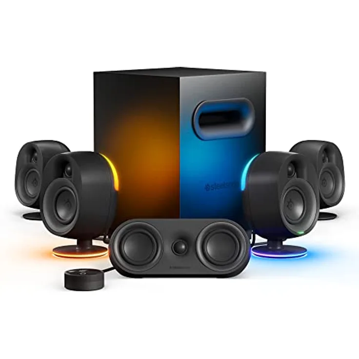 SteelSeries Arena 9 - 5.1-Gaming-Lautsprecher – 5.1 USB Surround-Sound – Kabellose hintere Lautsprecher, 2-Wege-Lautsprecherdesign, Subwoofer – Reaktive RGB – USB, BT – PC, Schwarz