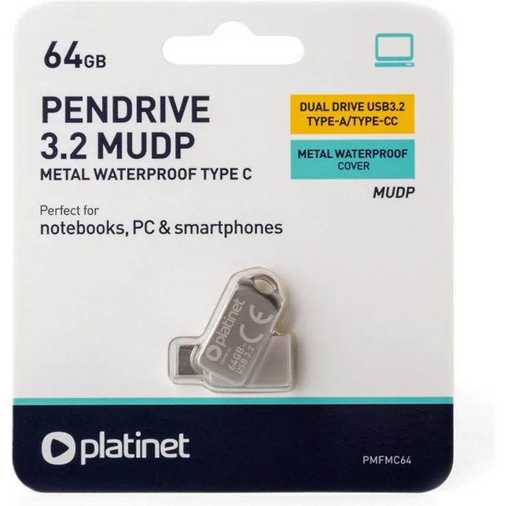 Platinet PMFMC64, 2-in-1 USB-Stick mit 64 GB, USB 3.2, Lesegeschwindigkeit 100 MB/s, USB-A und USB-C, Silber