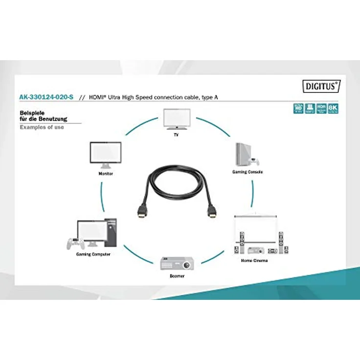 DIGITUS HDMI 2.1 Ultra High Speed Anschlusskabel, Typ A St/St, 2,0m, mit Ethernet, UHD 8K 60Hz - Vergoldete Kontakte - Schwarz – Bild 5