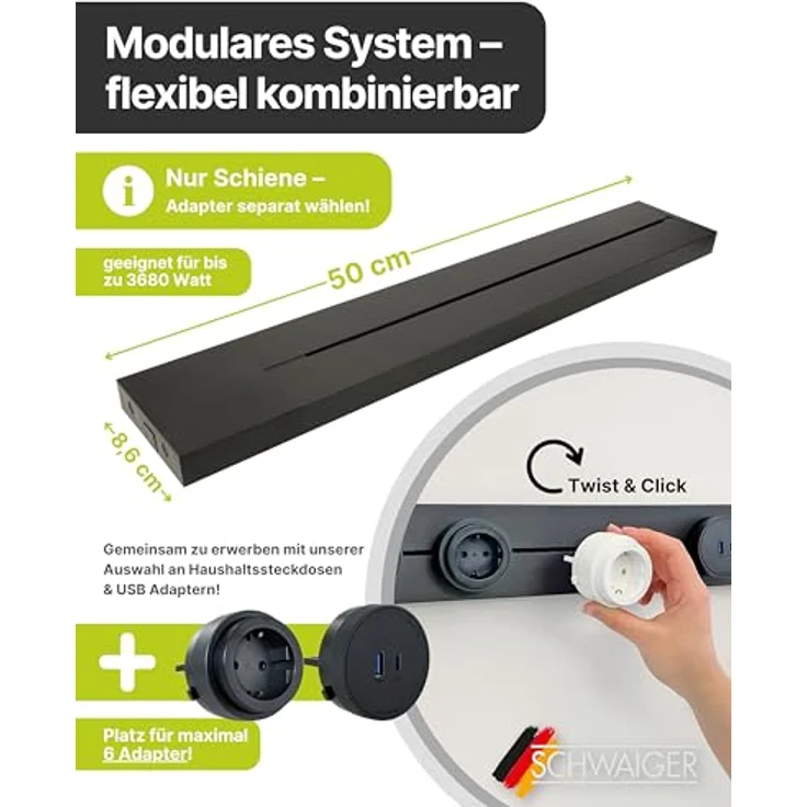SCHWAIGER Konfigurierbare Steckdosenleiste 50 cm, modulare Stromschiene in Schwarz mit Aluminium-Design, individuell einstellbar, VDE geprüft für Küche, Büro & Werkstatt – Bild 2