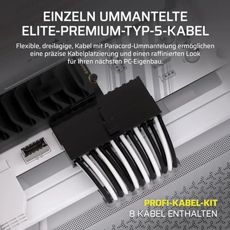 Corsair Elite Premium Pro-Kit, Netzteilkabel mit Einzeln Ummantelten Typ 5, Flache Kabelkämme, Dreilagiges Mesh-Paracord-Design, Schwarz/Weiß – Bild 2