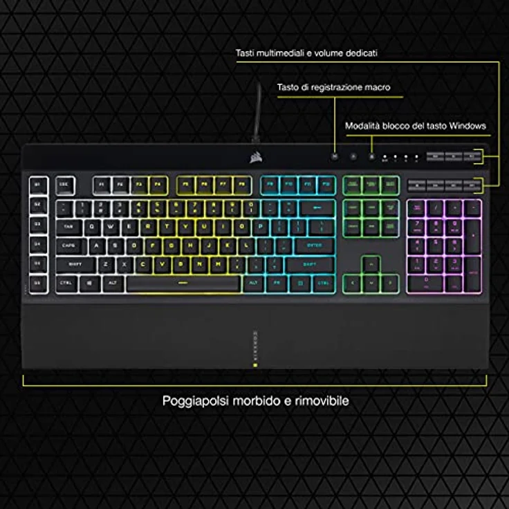 Corsair K55 RGB PRO, Gaming-Tastatur mit mechanischen Switches, RGB-Hintergrundbeleuchtung, integrierter Handgelenkauflage, USB QWERTY Italienisch, Schwarz – Bild 7