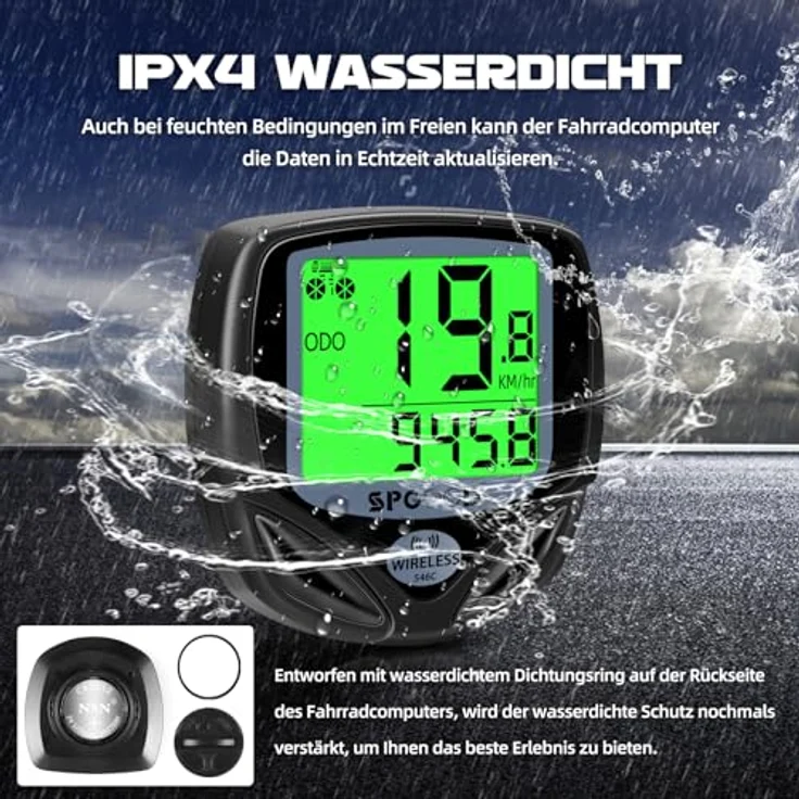 SPGOOD Fahrradcomputer Tacho Kabellos, 19 Funktionen, IP54 wasserdicht mit Hintergrundbeleuchtetem Display, automatischer Start/Stopp, schwarz – Bild 3