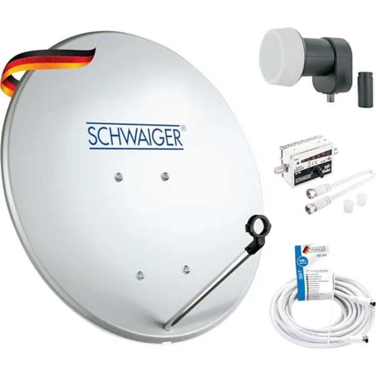 SCHWAIGER SAT-Anlage Komplett-Set digital Satelitenschüssel Single LNB Satelliten-Kabel 10m SAT-Finder Sat Antenne Stahl 40cm inkl. Montagezubehör Sat-Schüssel klein 1-Teilnehmer-Anlage