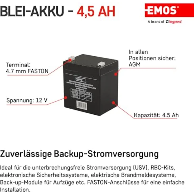 EMOS Wartungsfreier Bleiakku 12V 4,5Ah AGM Batterie Notbeleuchtung Alarmsysteme USV-Geräte 91x71x105 mm – Bild 2