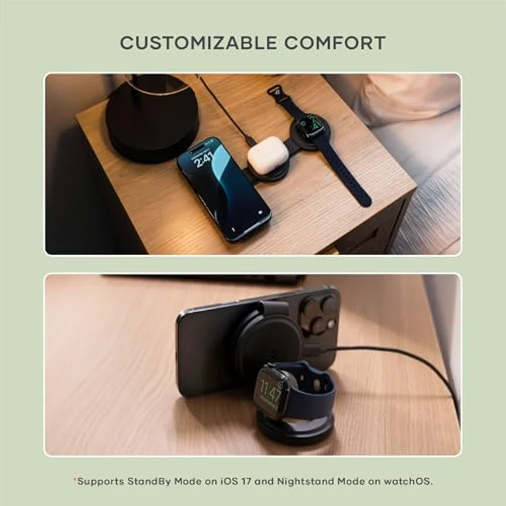 Satechi Onthego 3-in-1 Wireless Charger, vielseitiges Ladegerät für iPhone, Apple Watch und AirPods, schwarz, 15W Qi2 Technologie – Bild 5