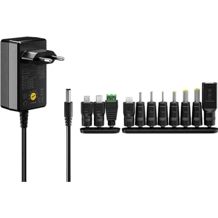 goobay 64570 Universal-Netzteil 3 V - 12 V, max. 27 W / DC Wechseladapter / Ersatznetzteil für TV, PC, Router, LED Streifen / Variable Spannung / USB C, USB A, Micro USB / inkl. 11 Adapter/ Schwarz – Bild 4