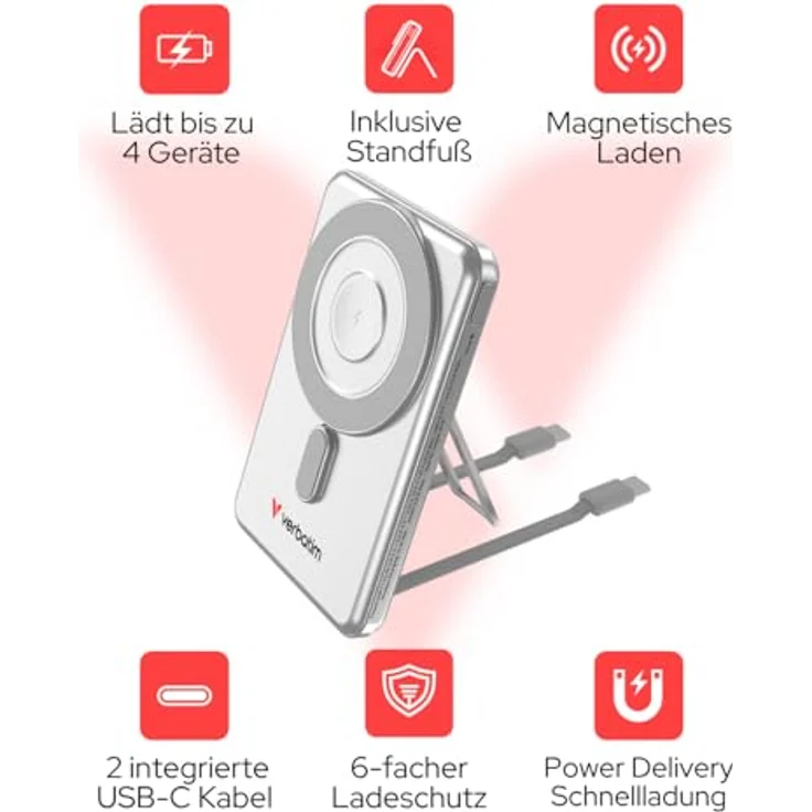 Verbatim Charge 'n' Go 2C, Powerbank mit 5000mAh, kabelloses Laden, 20W, Silber – Bild 2