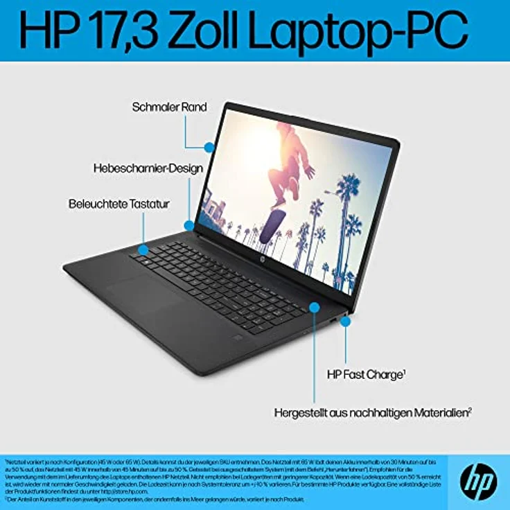 HP Laptop | 17,3 Zoll (43,9 cm) HD+ Display | AMD Ryzen 3-7320U quad | 8GB LPDDR5 RAM | 256 GB SSD | AMD Radeon-Grafik | Windows 11 Home | QWERTZ Tastatur | schwarz | mit HP Fast Charge – Bild 4